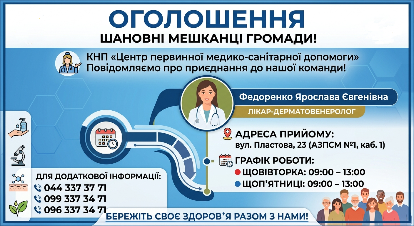 ОГОЛОШЕННЯ! Прийом лікаря-дерматовенеролога  у нашій клініці